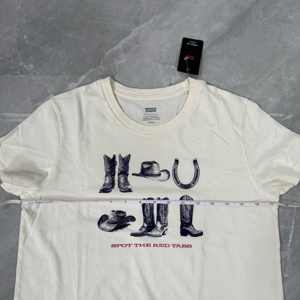 Women’s Levi’s Perfect T-Shirt Moody Spot The Tab Cowboy Boots Graphic Small - Picture 14 of 16